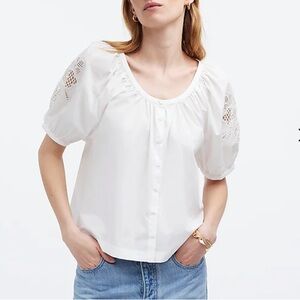 NWT Madewell Embroidered Puff-Sleeve A-Line Top in Poplin